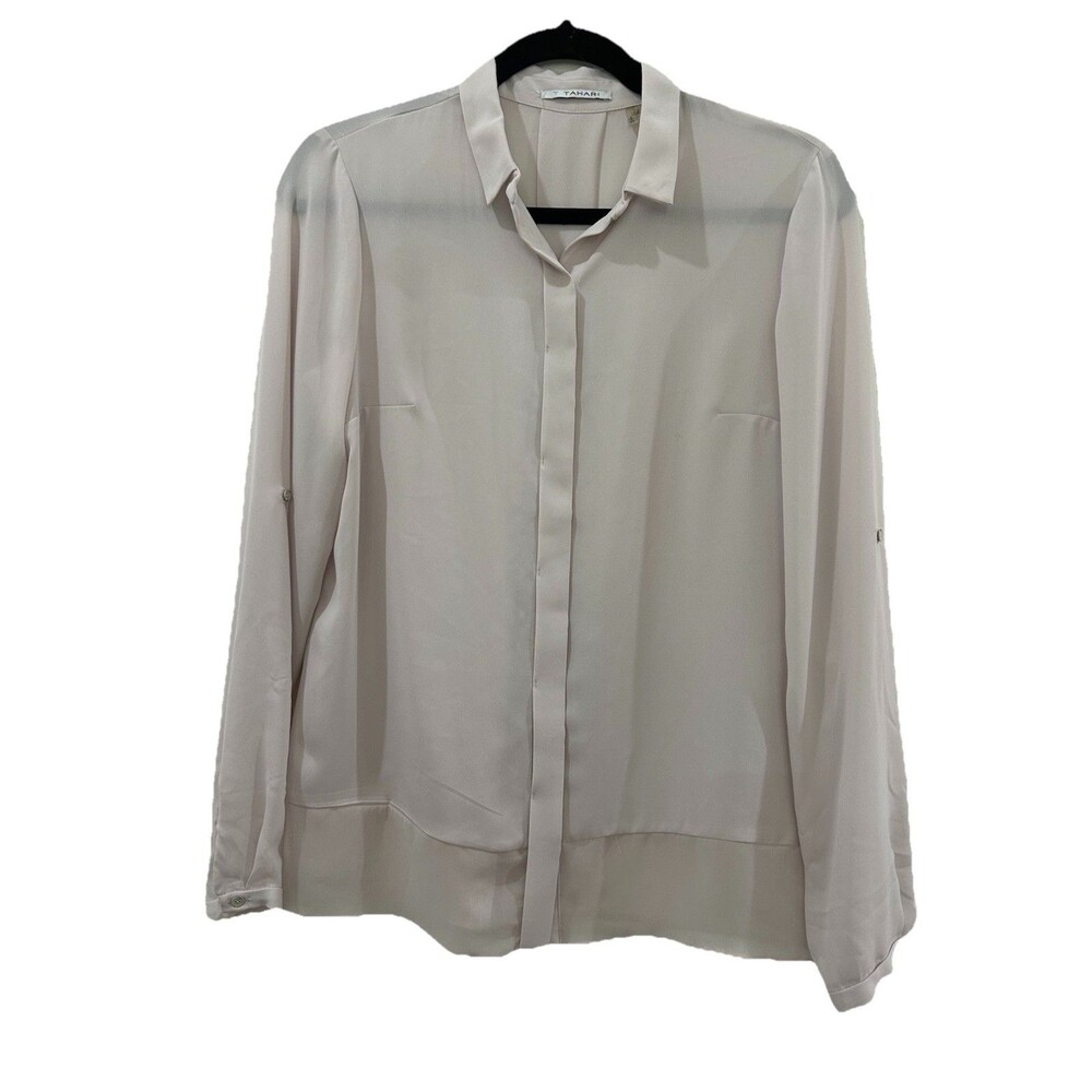 T TAHARI Women Size SP Pale Pink Blouse Button Up Roll Tab Sleeves Collar